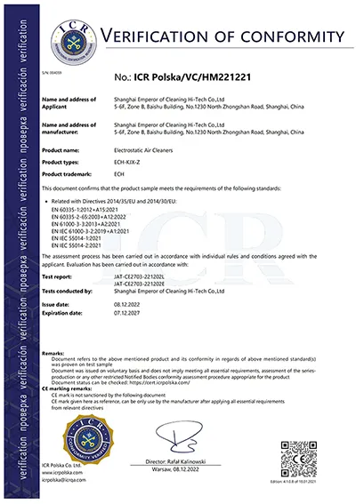 Certification qualifiée pour les épurateurs d'air électrostatique